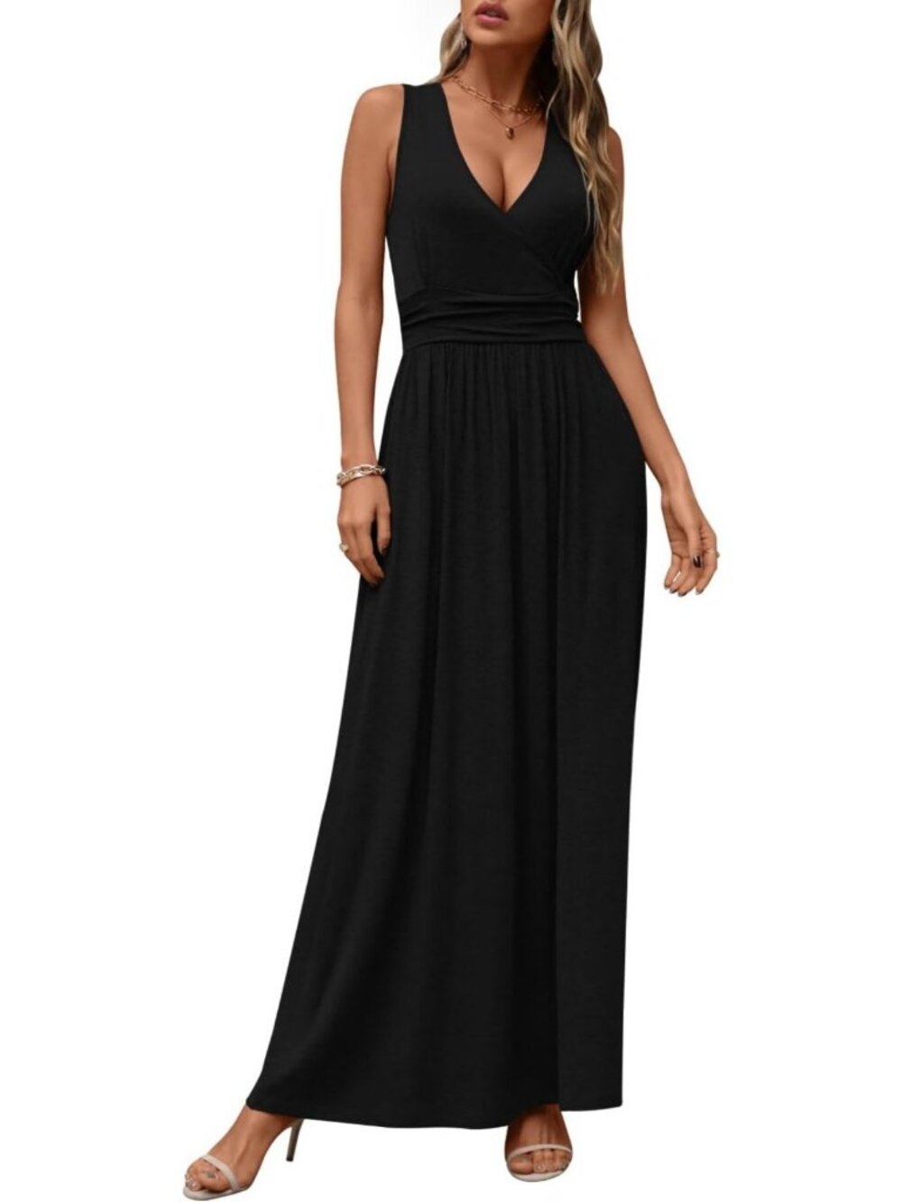 Chic Maxi Dress for Women - V Neck, Sleeveless, Casual & Formal with Pockets